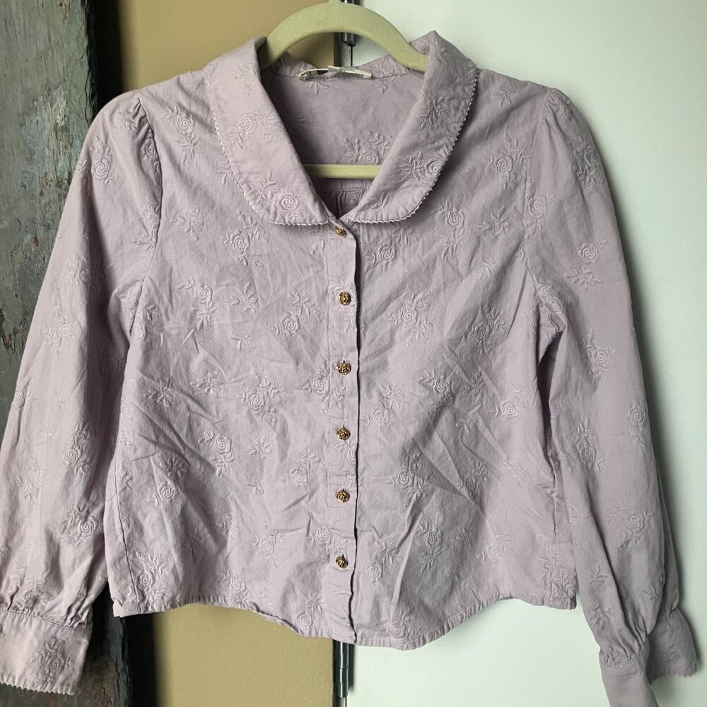 Lavender Simple Retro 100% Cotton Floral Embroidered Blouse Small